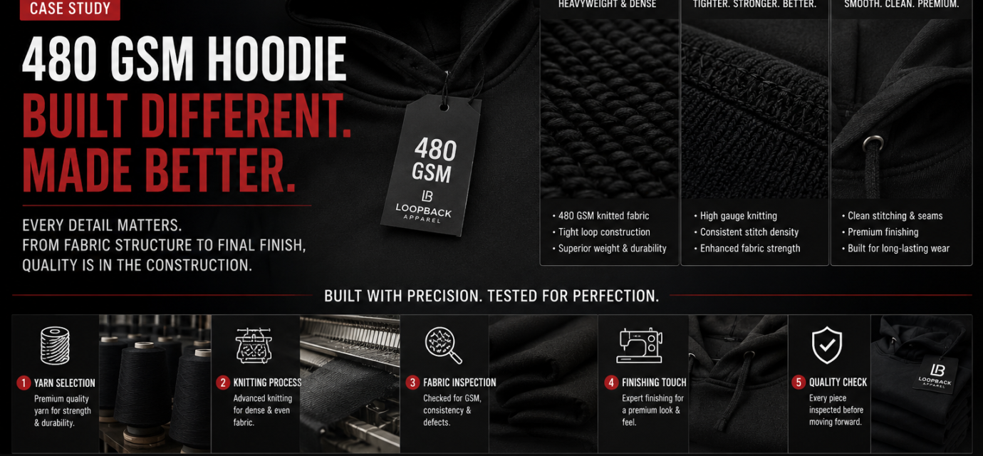 480 GSM hoodie showing differences in fabric structure, knitting, and finishing during manufacturing.