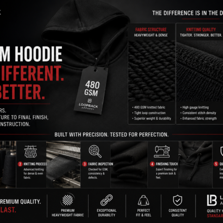 480 GSM hoodie showing differences in fabric structure, knitting, and finishing during manufacturing.