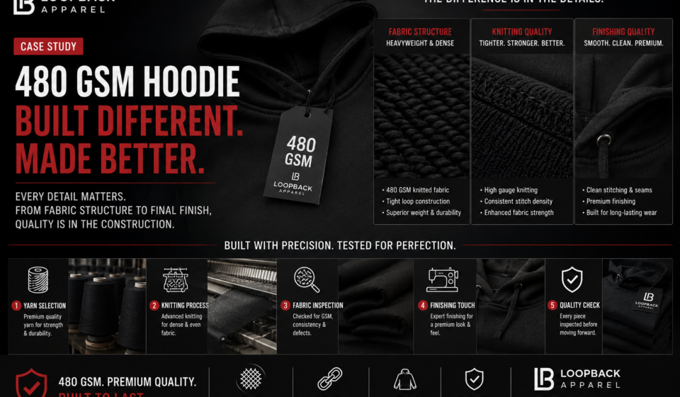 480 GSM hoodie showing differences in fabric structure, knitting, and finishing during manufacturing.