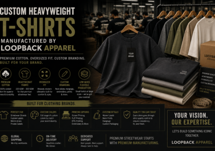 Custom heavyweight t shirts manufactured by Loopback Apparel featuring premium cotton, oversized fit, and custom branding.