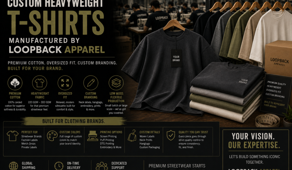 Custom heavyweight t shirts manufactured by Loopback Apparel featuring premium cotton, oversized fit, and custom branding.