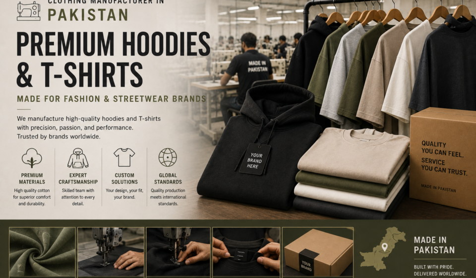 Clothing manufacturer in Pakistan producing premium hoodies and T-shirts for fashion and streetwear brands.