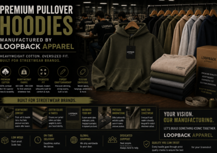 Premium pullover hoodies manufactured by Loopback Apparel with heavyweight cotton and oversized streetwear fit.