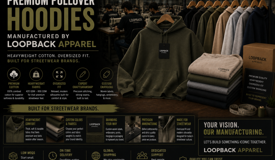Premium pullover hoodies manufactured by Loopback Apparel with heavyweight cotton and oversized streetwear fit.