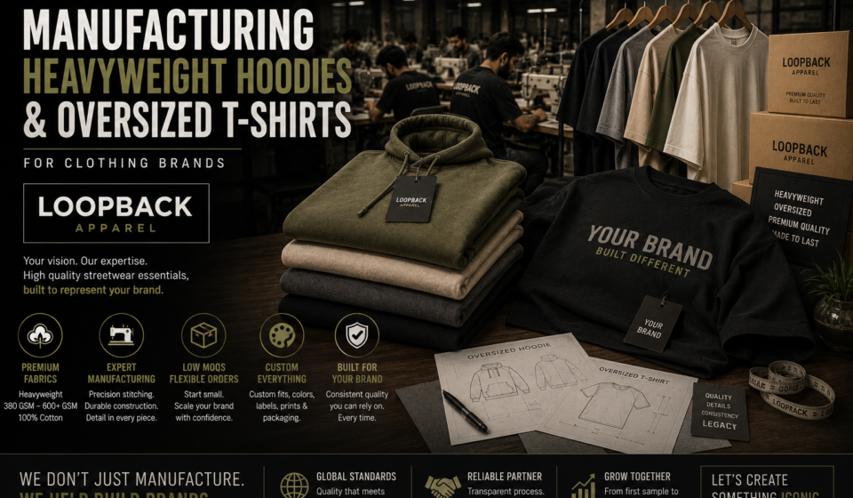 Premium streetwear supplier manufacturing heavyweight hoodies and oversized T-shirts for clothing brands at Loopback Apparel.