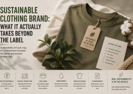 Sustainable clothing brand production with premium fabrics, ethical manufacturing, and transparent sourcing.