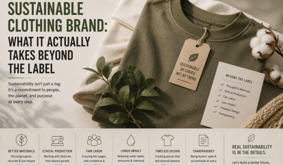 Sustainable clothing brand production with premium fabrics, ethical manufacturing, and transparent sourcing.