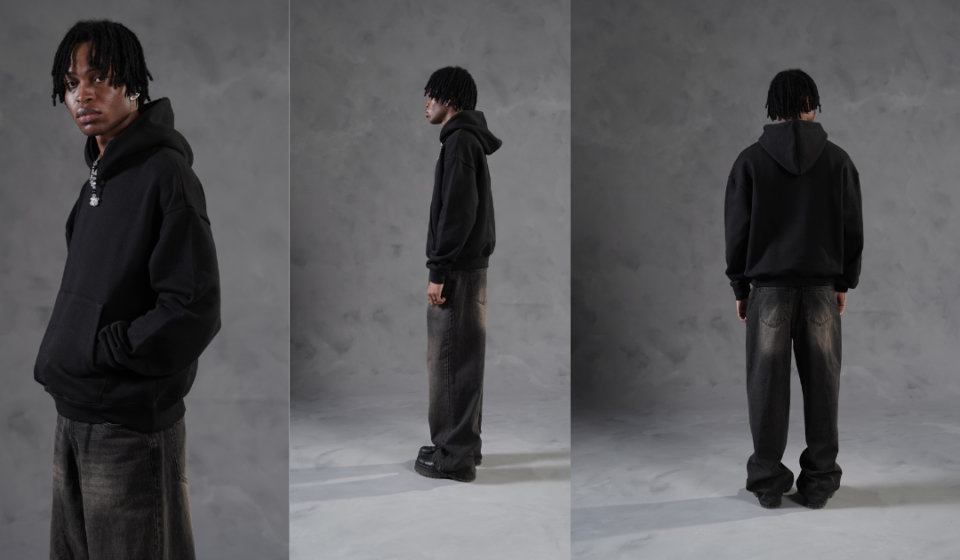 black essentials hoodie made from heavyweight cotton with a clean minimalist design for everyday streetwear