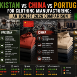Clothing manufacturing comparison chart showing Pakistan, China, and Portugal factories for custom clothing and blanks