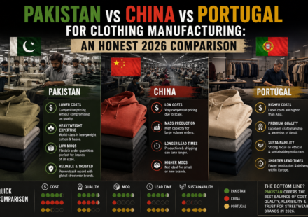 Clothing manufacturing comparison chart showing Pakistan, China, and Portugal factories for custom clothing and blanks