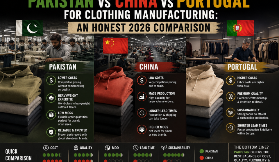 Clothing manufacturing comparison chart showing Pakistan, China, and Portugal factories for custom clothing and blanks